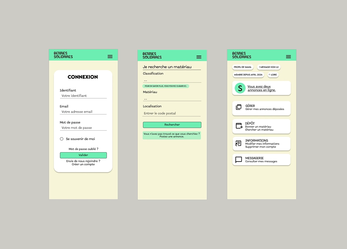 Page de connexion, formulaire de recherche et profil, version mobile